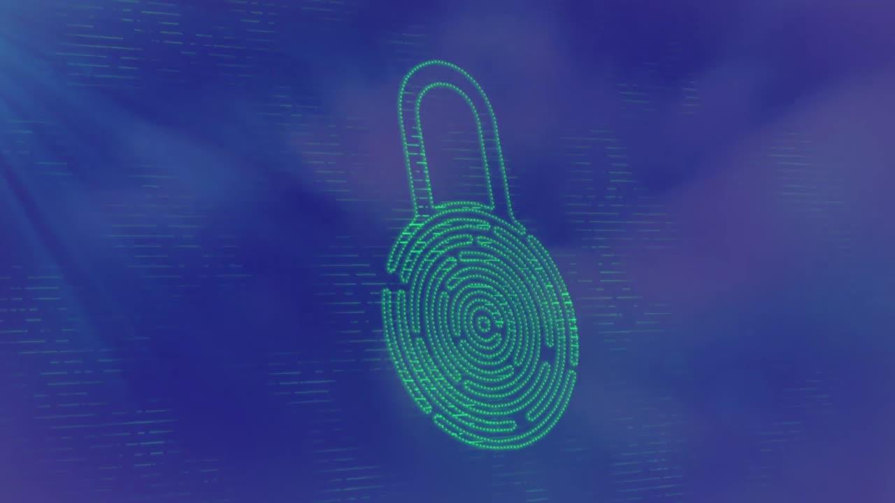 Animation of biometric padlock, network of connections with icons on blue background