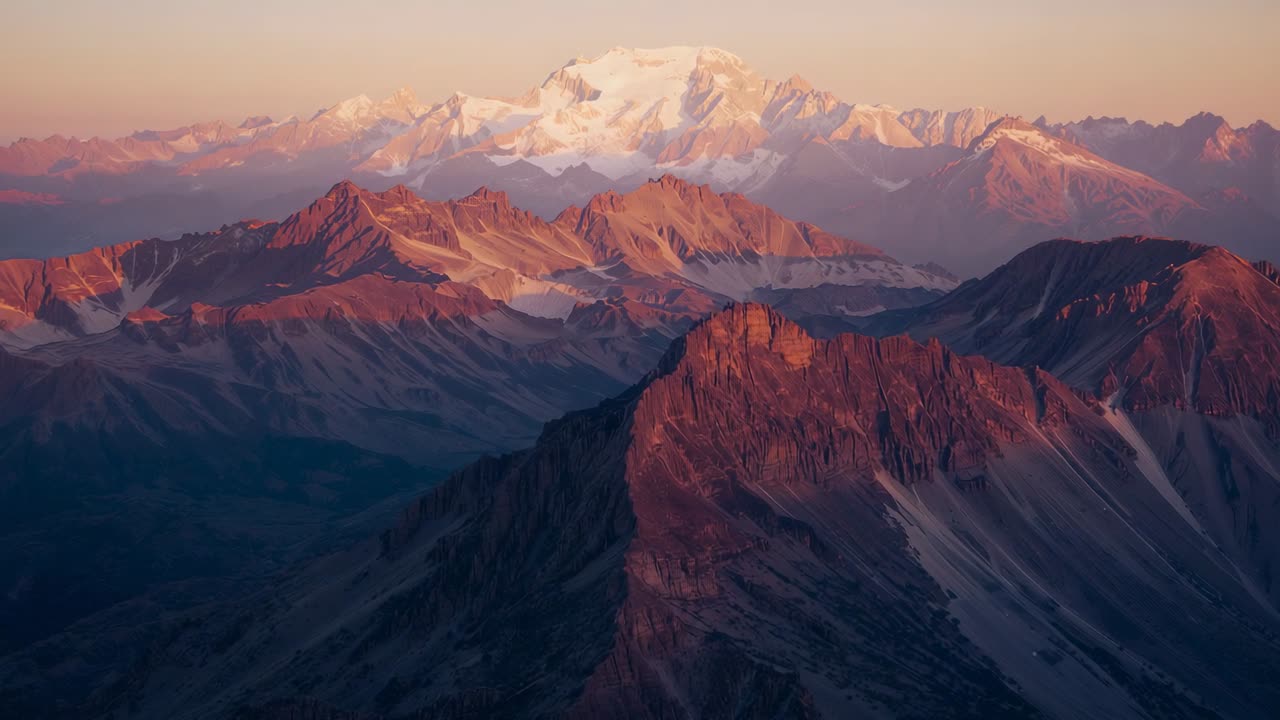 Sunrise light bathing rugged mountain ridge at dawn in alpine landscape, with snow-covered summit