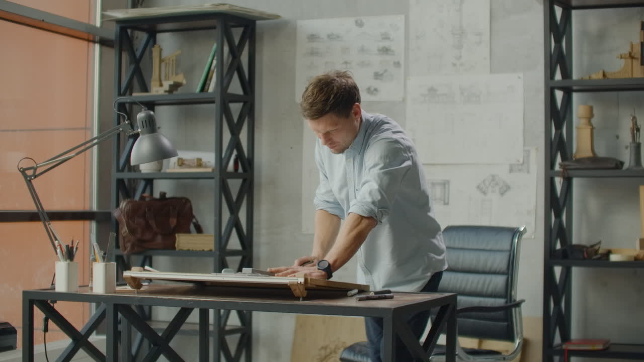 건축가의 책상: 그림, 테이프, 척도, 통치자 및 다른 그림 도구, 엔지니어가 밝은 사무실에서 그림으로 일합니다, 인스투어먼트 및 디자이너의 사무실, 남성 손은 연필로 그림을 그립니다.