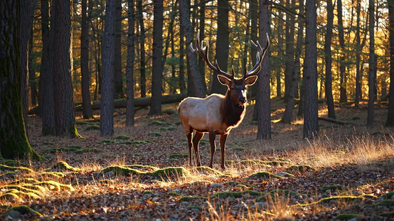 Majestic elk in a sunlit forest, captured at eye level. The serene setting is perfect for a nature