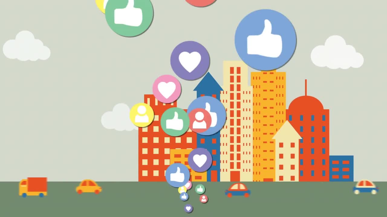 다중 디지털 아이콘이 높은 건물에 대항하여 도로에 있는 차량 위에 떠 있습니다.