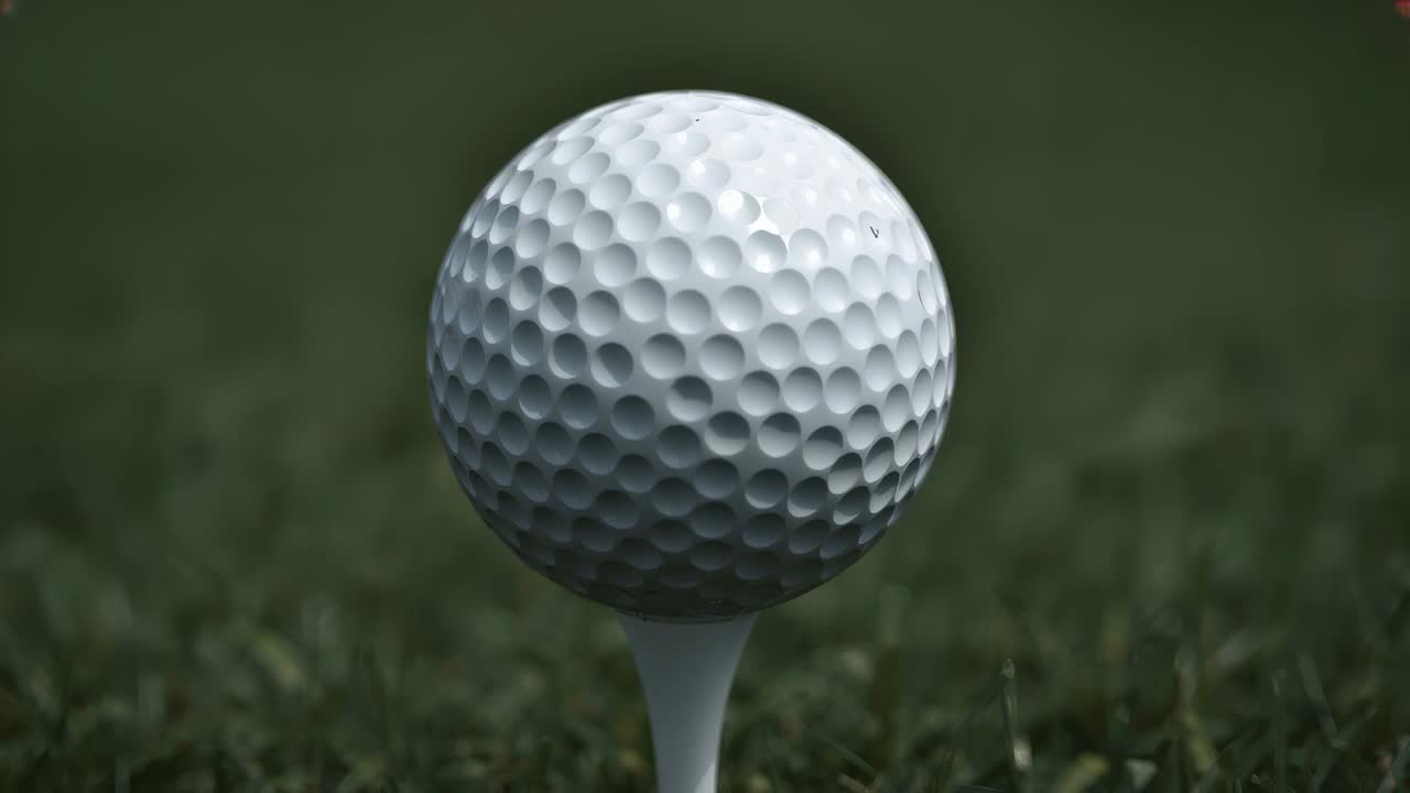 Witte golfbal met putjes op witte tee boven kort gras, camera stabiliseert voor voorbereiding op de swing