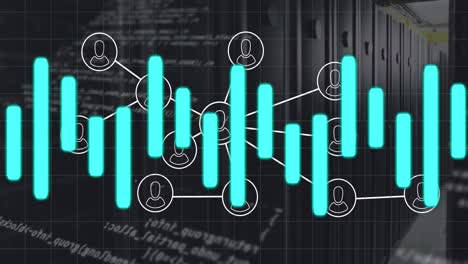 Animation-Verbundener-Profilsymbole-Und-Blauer-Linien-Mit-Codierung-über-Netzwerkserverraum