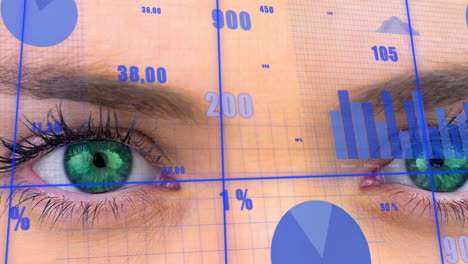 Animation-of-data-processing-over-close-up-of-woman's-eye