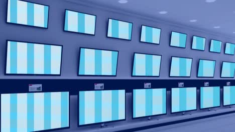 Animation-of-rows-of-television-sets-in-store-with-glowing-screens-with-copy-space