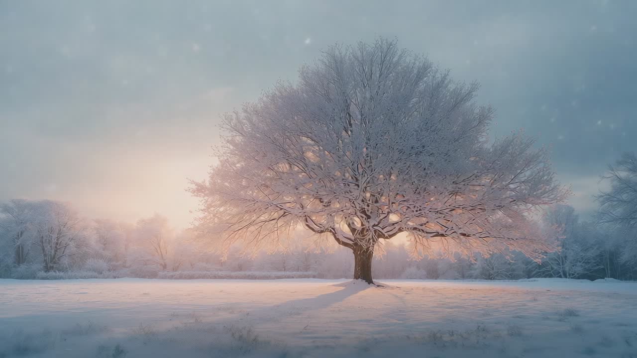 Snowflakes drifting down initiating sunrise glow warming sky behind frost-covered tree in meadow