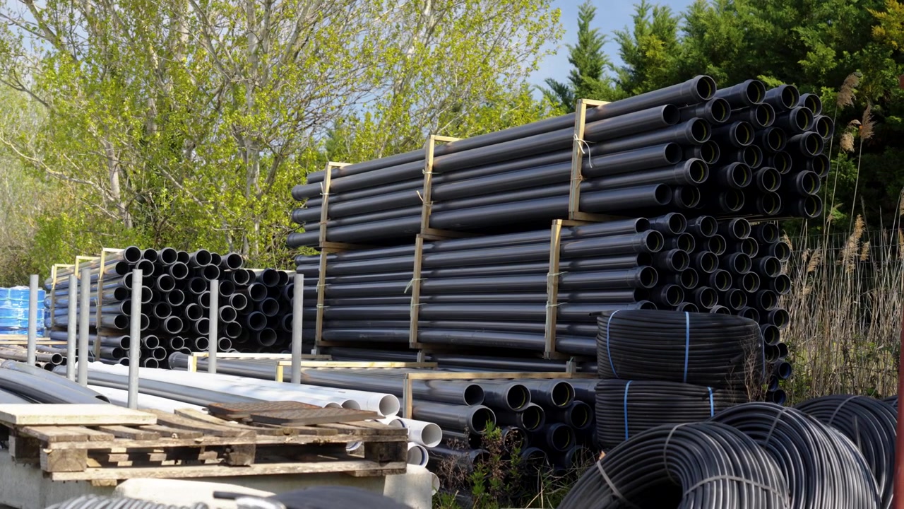 Tubi in PVC e condotti industriali in plastica impilati in un deposito. Materiali da costruzione per progetti di infrastrutture, drenaggio e irrigazione, ordinatamente organizzati per il trasporto e l'installazione
