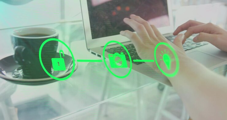 Animation of three connected blue media icons over caucasian businesswoman using computer