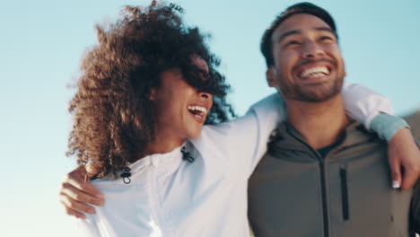 happy, travel and couple laughing at beach