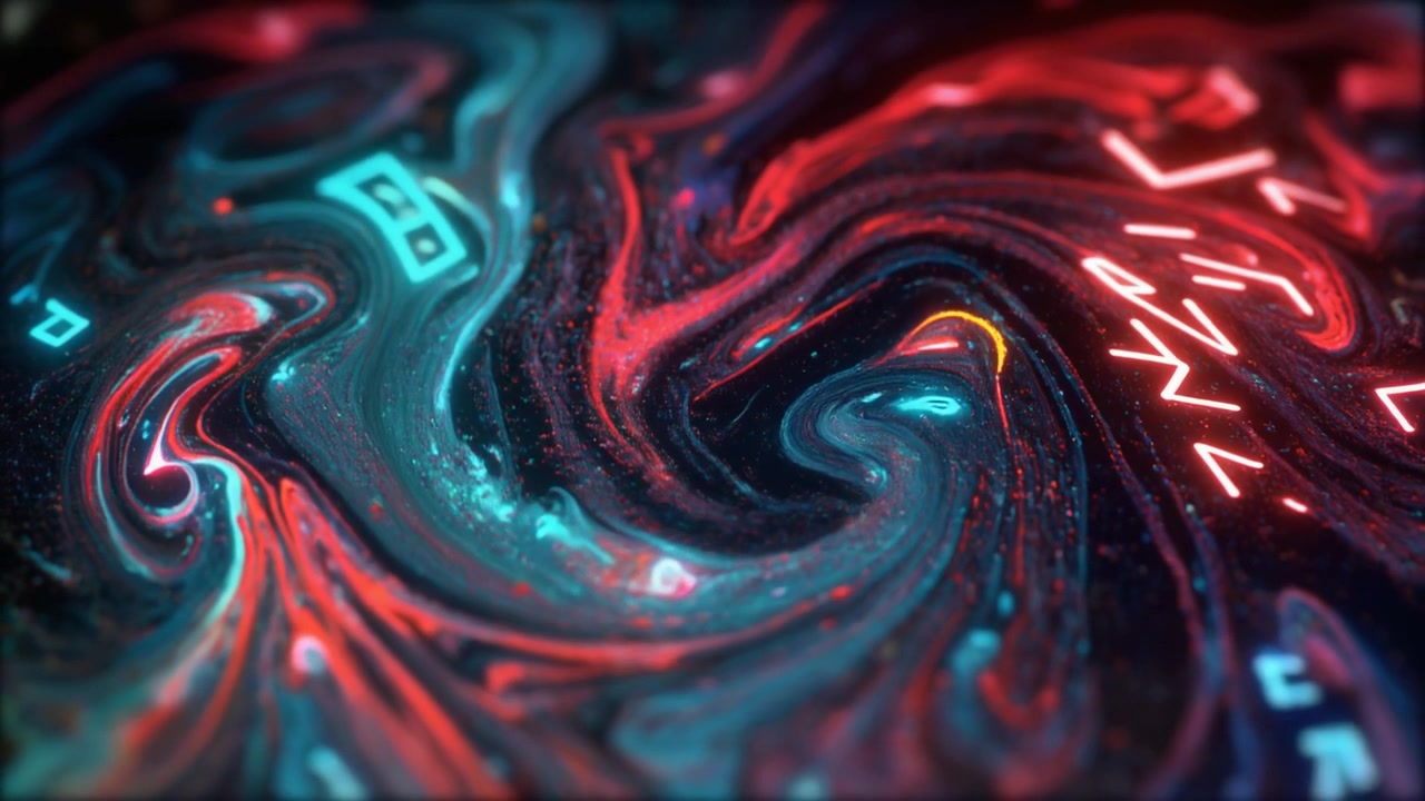 Abstraktní vířící tekuté pozadí se zářícími neonovými symboly