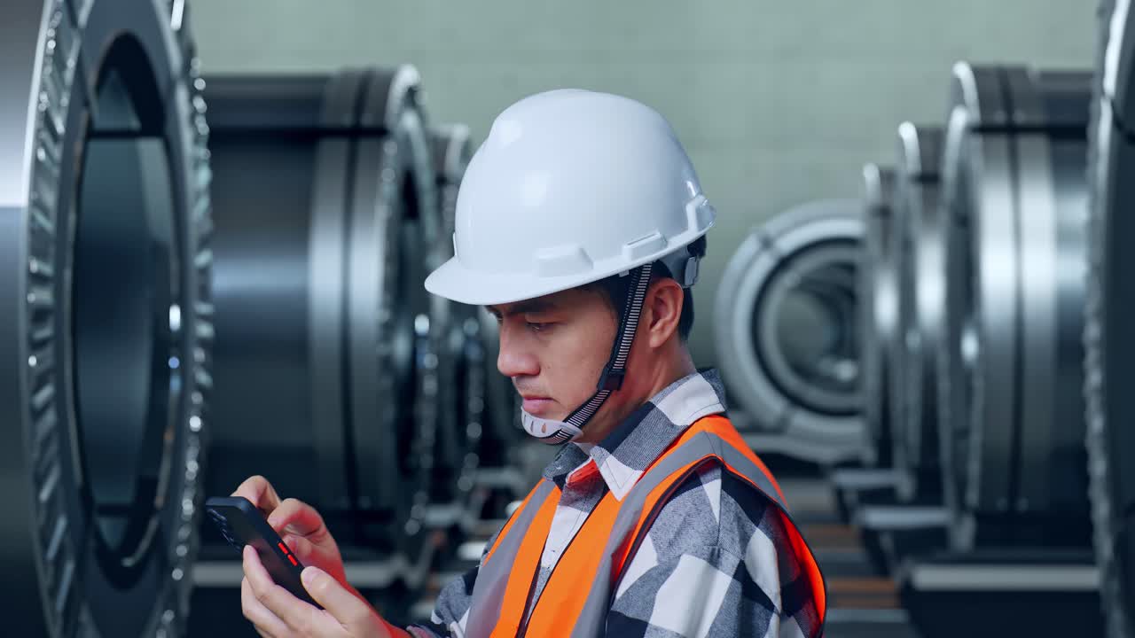금속 공장에서 서 있는 동안 스마트폰을 사용하여 안전 헬을 착용 한 아시아 남성 엔지니어의 근접 측면 뷰