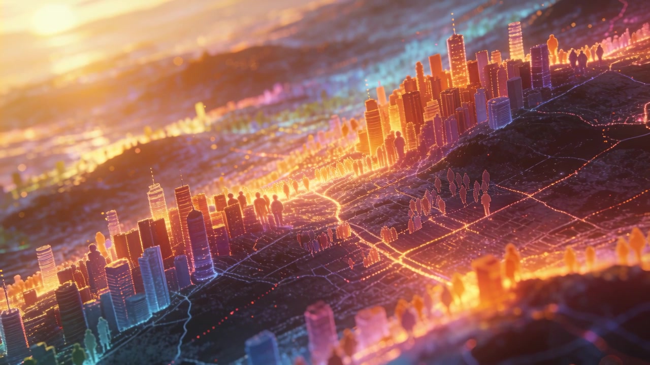 Warming dawn light starting aerial cam pan, revealing city map with glass towers and glowing roads
