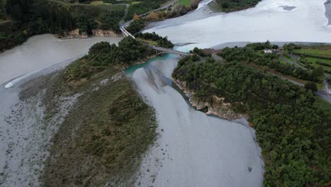 Dry Riverbed Of Rakaia Gorge - Rakaia Gorge Bridge In South Island, New Zealand. - aerial shot