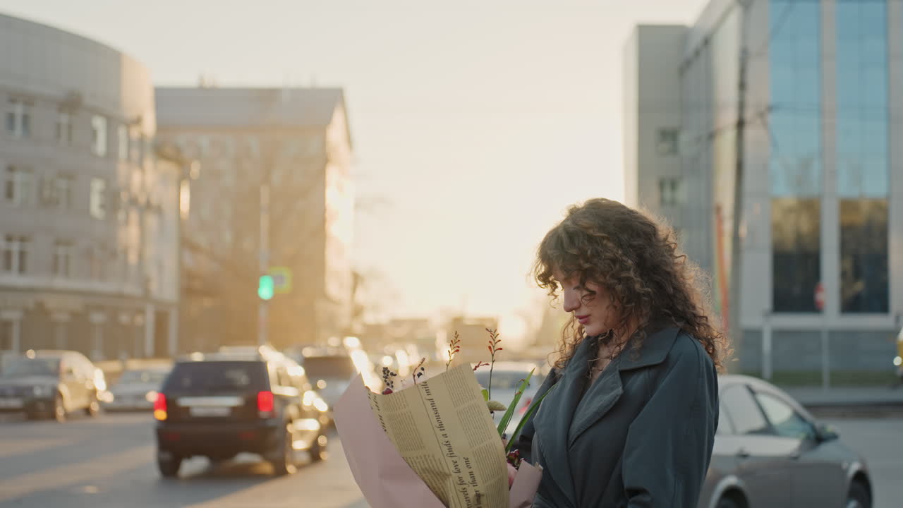 Donna in movimento con fiori. Una signora in città si ferma a un incrocio con un vivace bouquet di fiori in mano. Una donna in metropoli fa una pausa all'intersezione tenendo una vivace collezione di steli floreali.