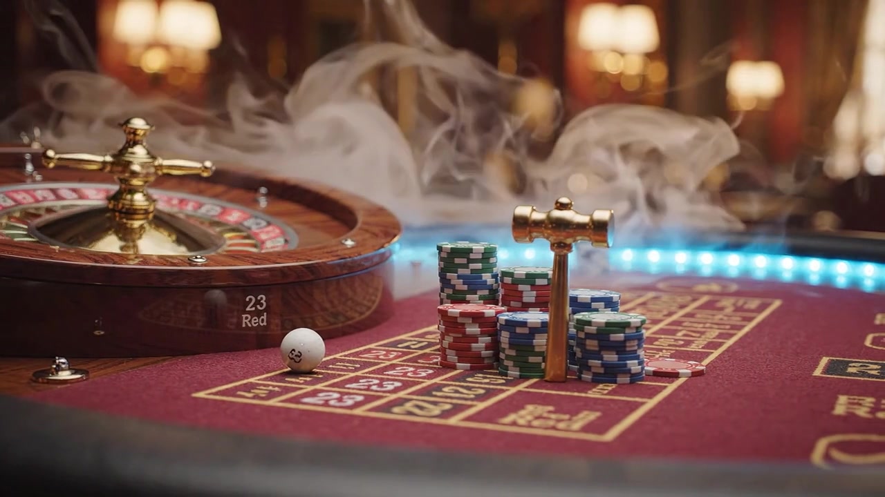 Una lussuosa scena di casinò che cattura l'emozione della roulette, con fiches impilate, una ruota della roulette e l'attesa del prossimo giro in un sontuoso ambiente di casinò