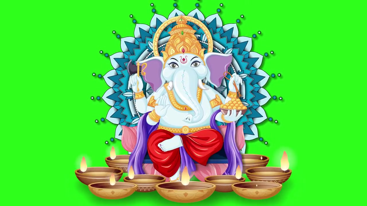 Animazione colorata di Ganesha con mandala rotante e lampade a olio tremolanti su schermo verde