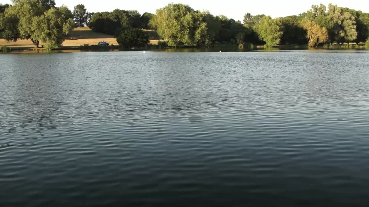 Wide blue lake ripples against pale sky and distant sunny trees in summer afternoon