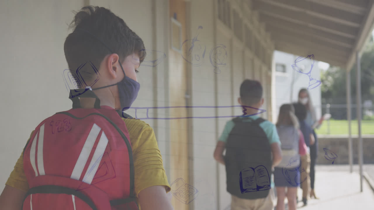 얼굴 마스크를 착용한 다양한 학교 학생과 교사의 학교 아이콘의 애니메이션