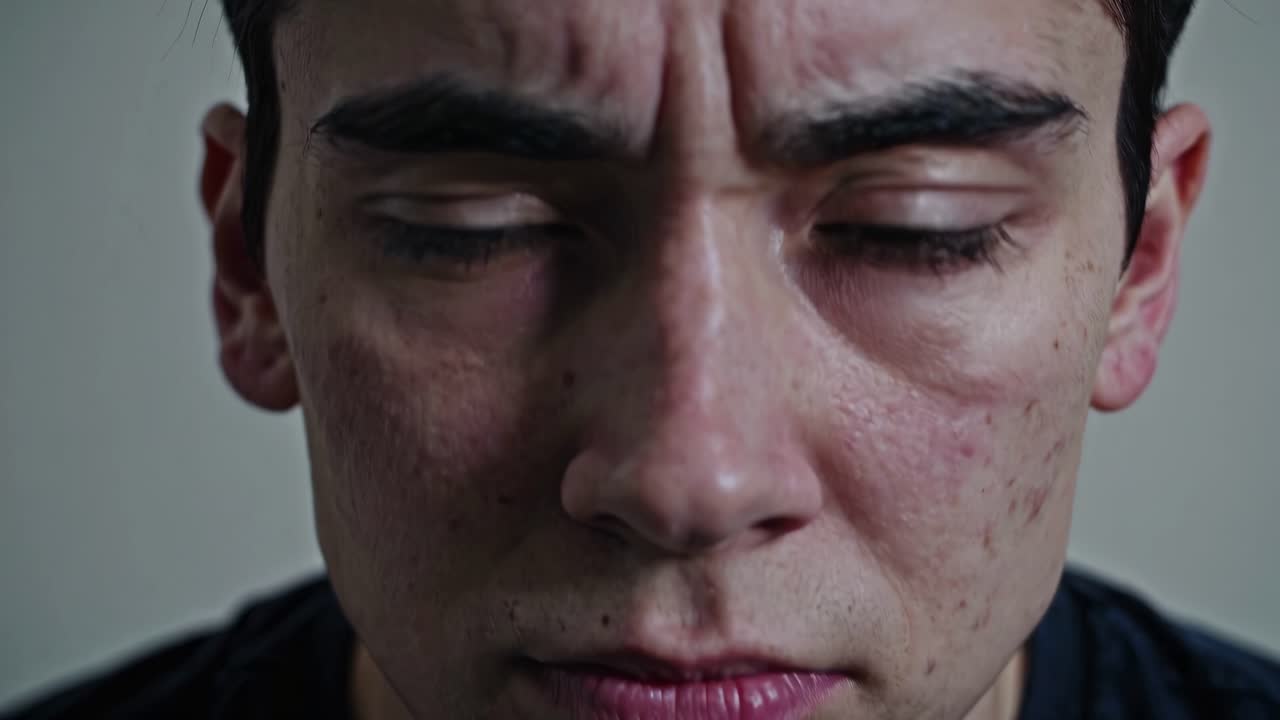 Intense close-up captures raw emotions of a young man during a deep moment of reflection in a muted interior setting