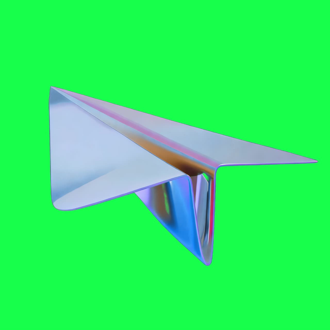 Chromen papieren vliegtuigje 3D-ontwerpanimatie, transparante 4K-video, greenscreen