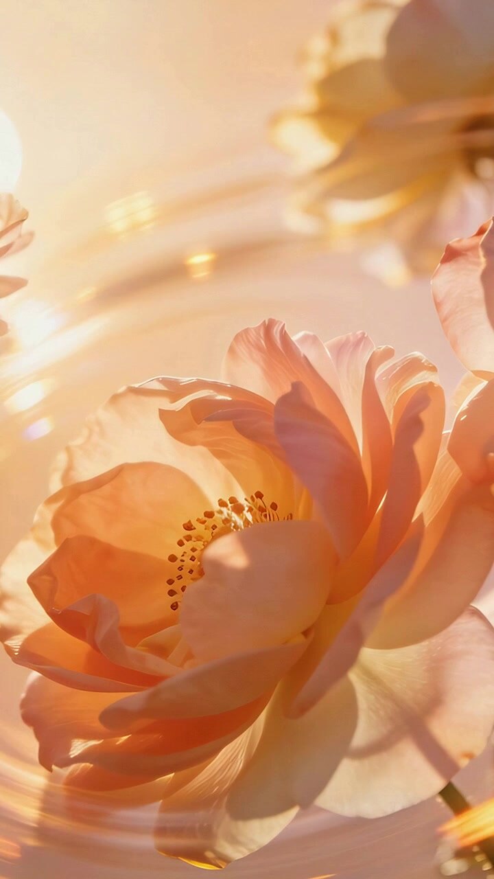 Video verticale: Rosa pesca brillante con stami in evidenza, retroilluminata dal sole che crea un bagliore a sinistra al tramonto, aggiungendo profondità.
