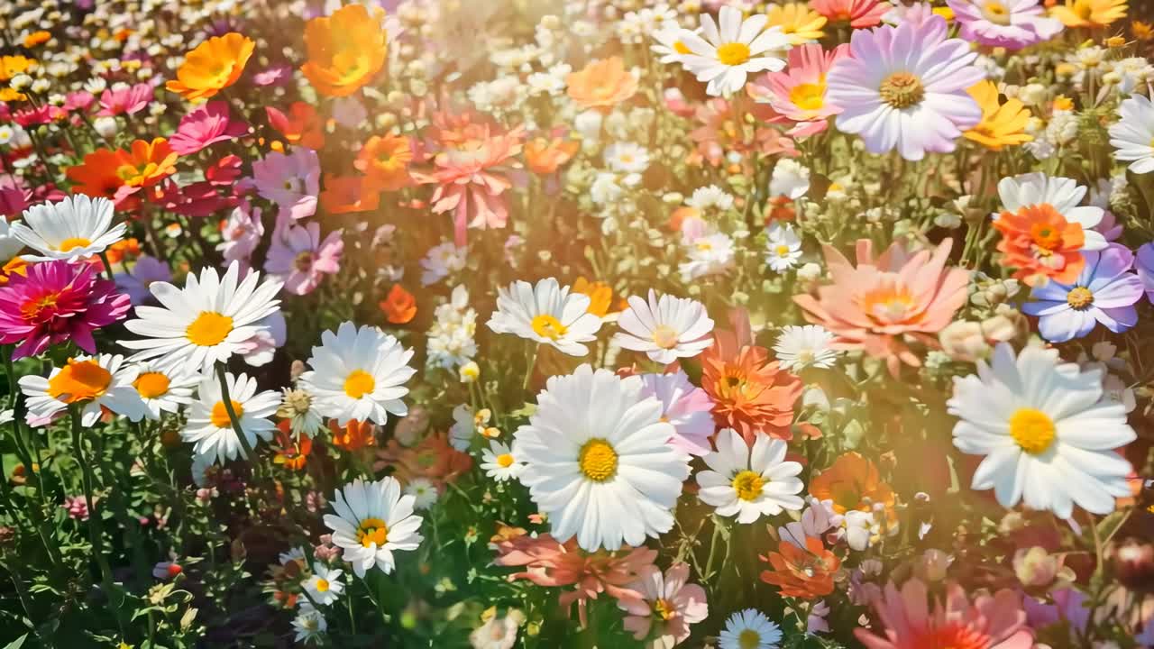 Top-down view of vibrant wildflowers in full bloom, creating a colorful, lively scene reminiscent