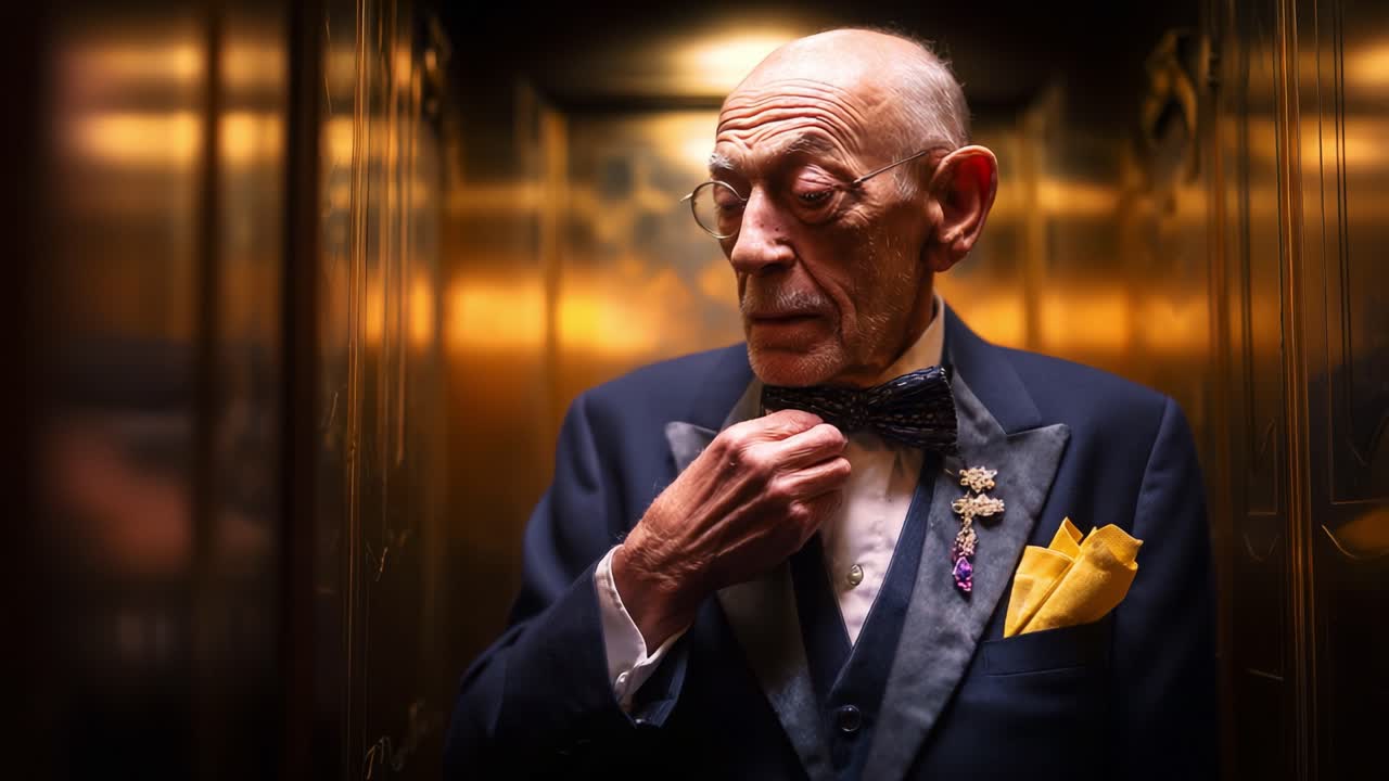 A Distinguished Gentleman in an Elevator: A Portrait of Elegance and Poise, Showcasing Fashion Choices, Expressions, and the Unique Atmosphere Captured in a Moment of Reflection