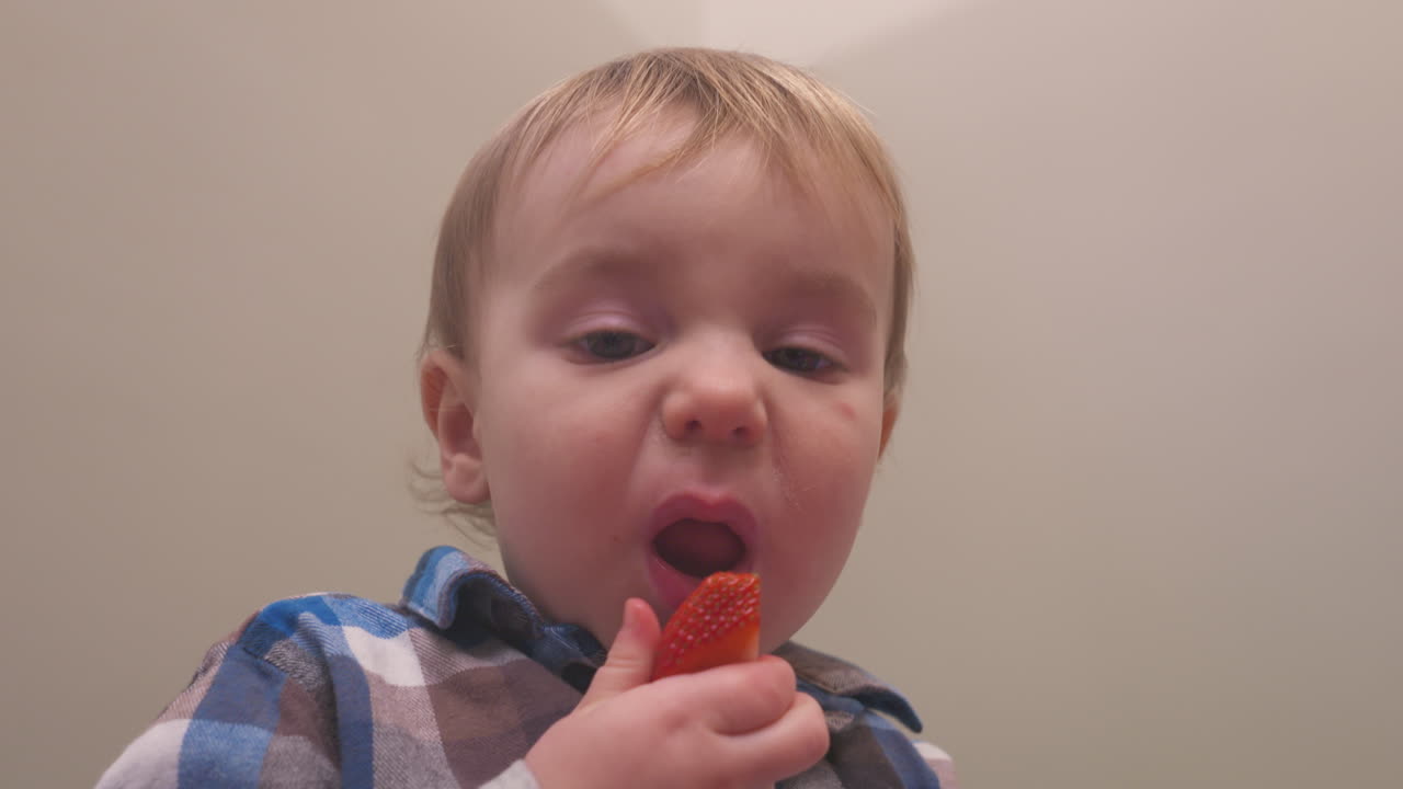 Toddler boy eating a strawberry at snacktime