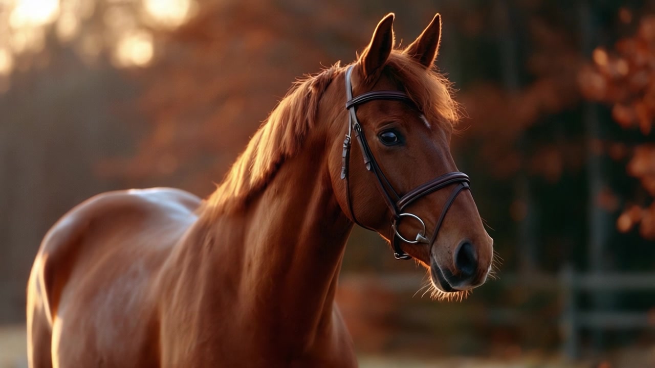 Maestoso cavallo sauro nella luce autunnale: un ritratto mozzafiato catturato durante la gloriosa ora d'oro, che mette in risalto la bellezza della natura e la grazia equestre.