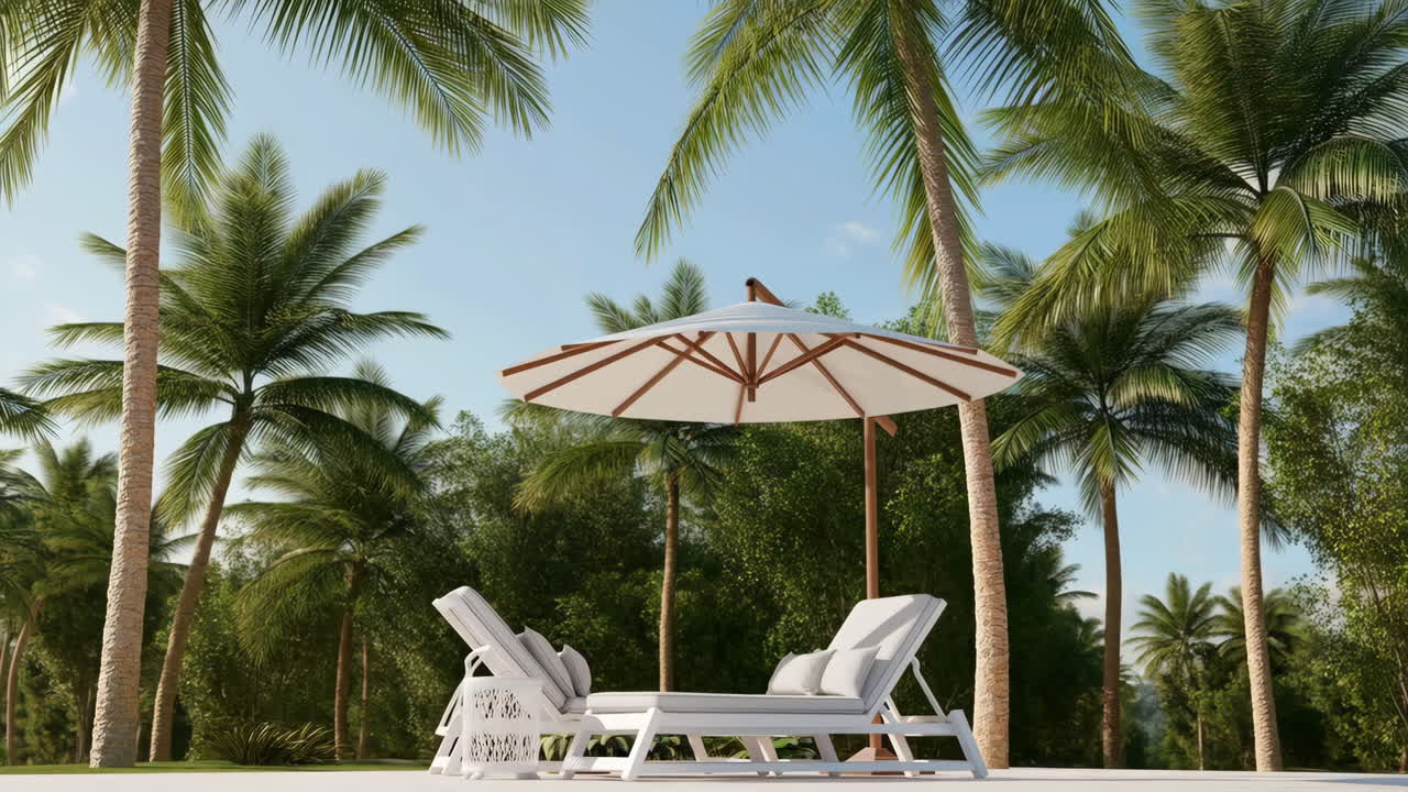 Tropical Retreat with Lounge Chairs and Palm Trees