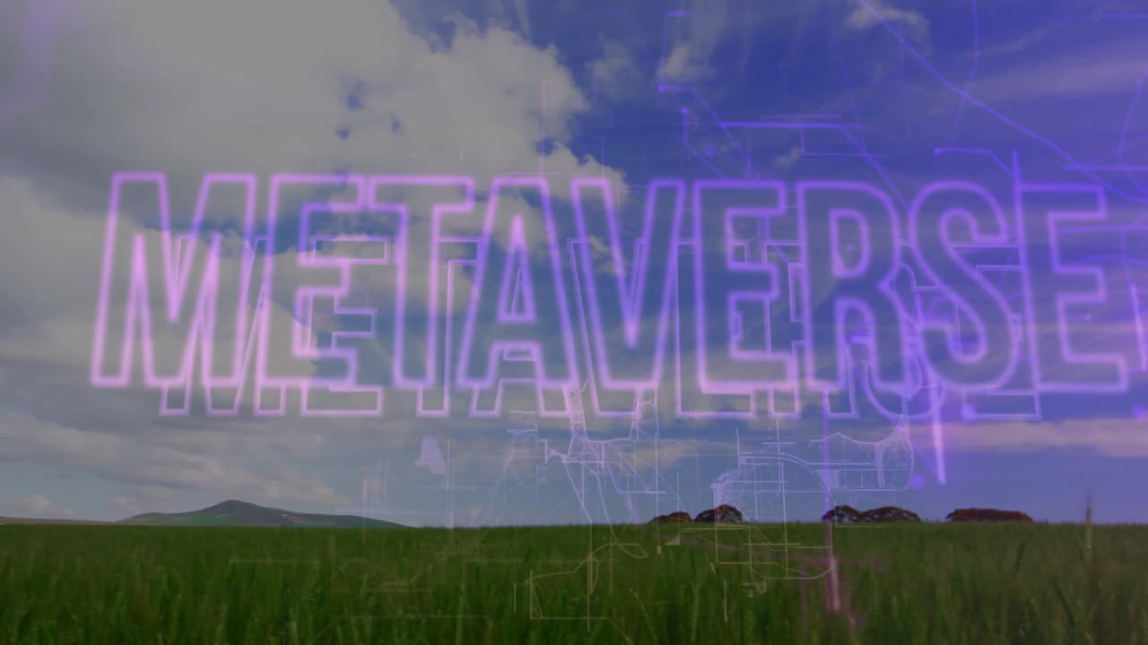 Glitch artifacts rippling coalescing into neon METAVERSE flickering pulsing over field