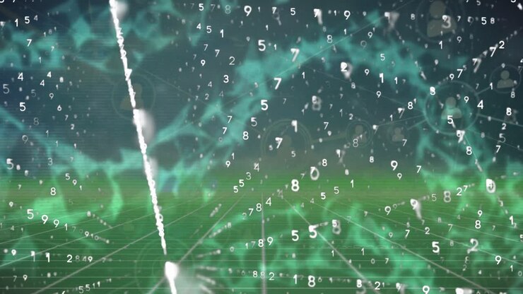 Animation of changing numbers in lines over grid pattern against abstract background