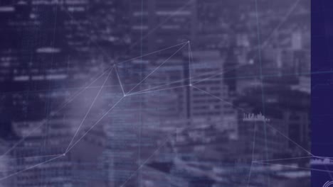 animation of network of connections and data processing over cityscape
