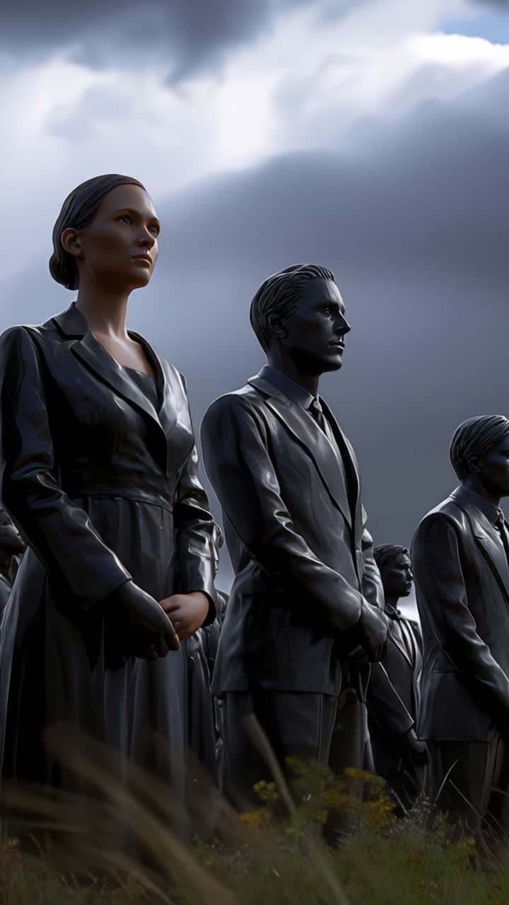 Somber group of bronze statues stands under a brooding sky. They face forward, their expressions calm and solemn. The scene suggests quiet reflection or commemoration. Ideal for themes of memory