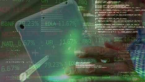 animation of financial data processing over caucasian businessman using tablet