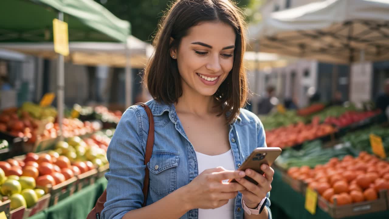 Young Woman Engaged in Mobile Activity at Vibrant Outdoor Market Surrounded by Fresh Produce, Exhibiting a Joyful and Thoughtful Expression