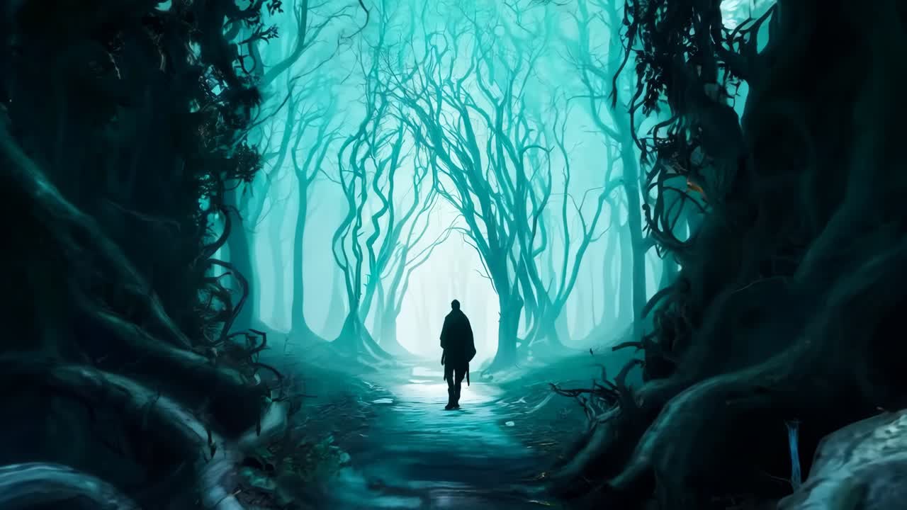 una persona caminando por un bosque oscuro por la noche