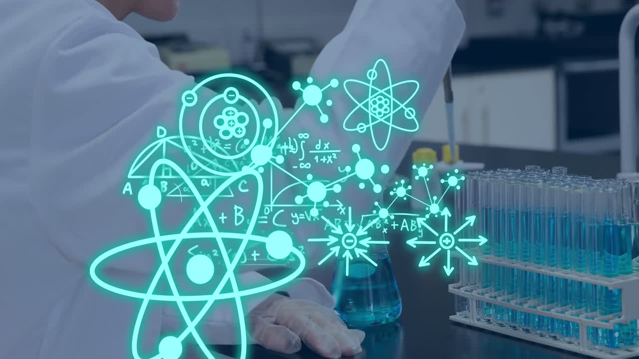 animación del procesamiento de datos científicos sobre una estudiante caucásica en el laboratorio.