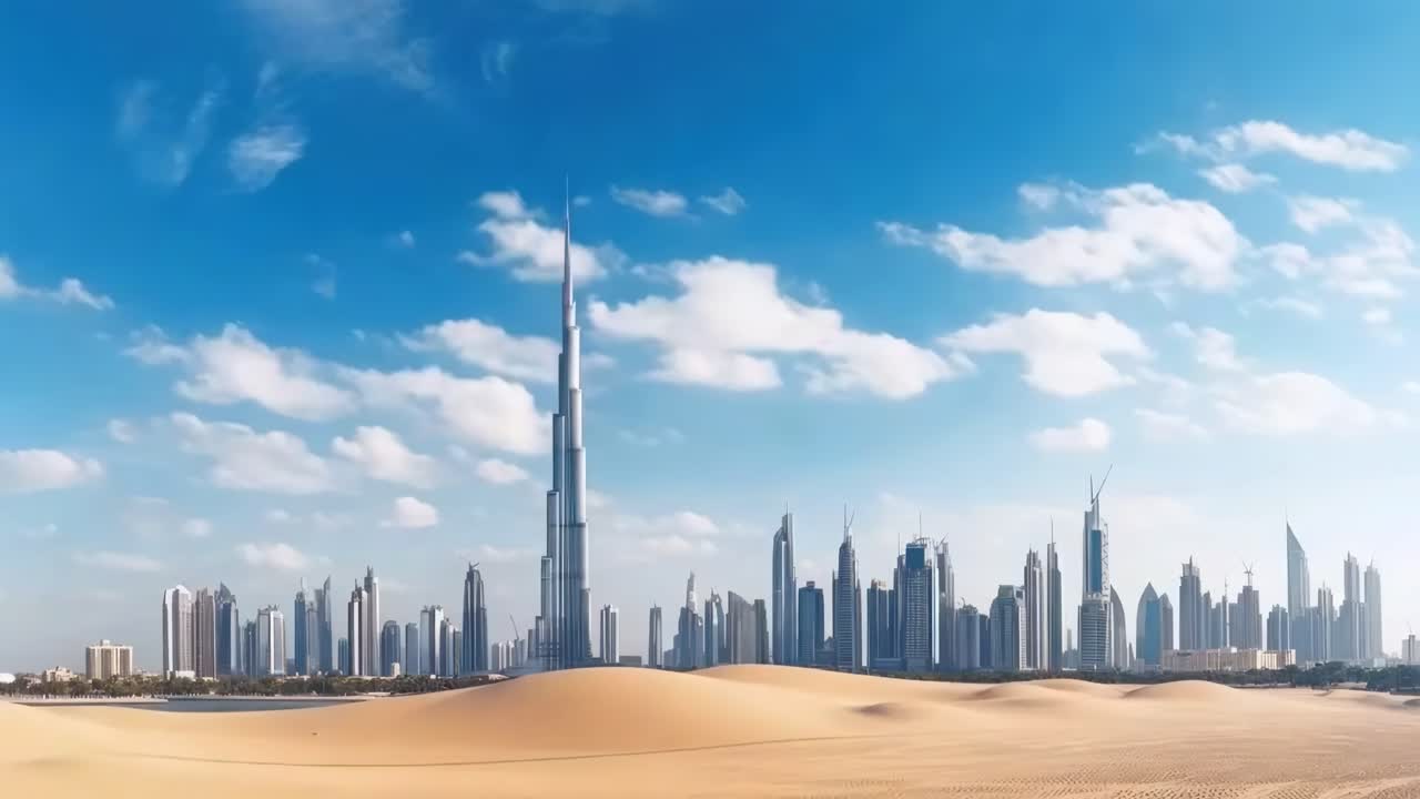 Ripresa video grandangolare di uno skyline moderno al crepuscolo, con imponenti grattacieli