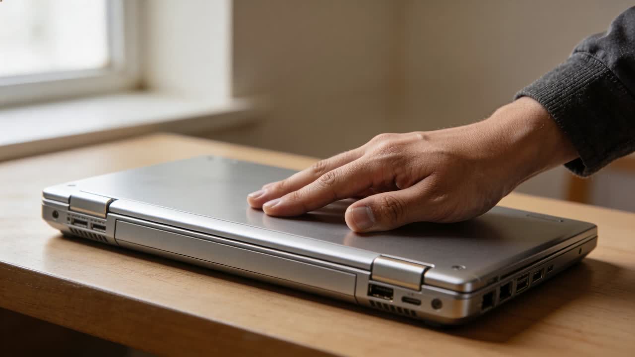 Mano destra con manica scura che preme, fa scorrere e solleva il coperchio di un laptop argentato su un tavolo di legno per aprirlo.