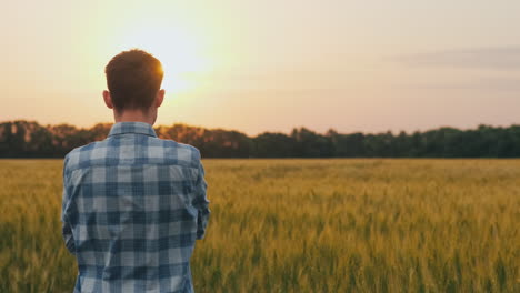 A-Confident-Farmer-Admires-A-Field-Of-Wheat-At-Sunset