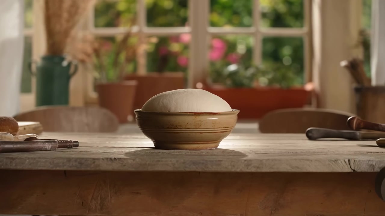 Un bol en céramique sur une table en bois usée contient une pâte levée en forme de dôme se reposant doucement après la pousse, avec un éclat doux, une lumière du jour chaude, des textures rustiques et une atmosphère de cuisine artisanale tranquille, sans personne.