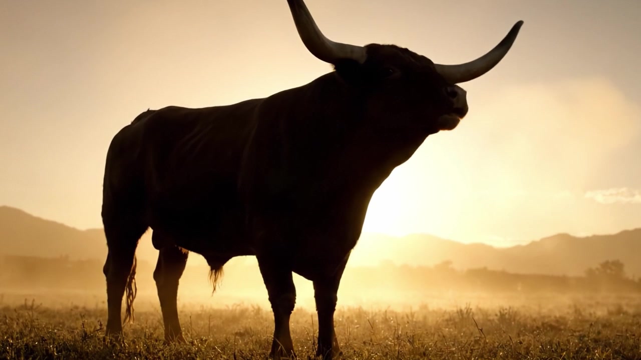 Siluet megah banteng yang kuat berdiri di depan matahari terbenam yang menakjubkan, menangkap esensi keindahan dan kekuatan alam di pedesaan yang tenang
