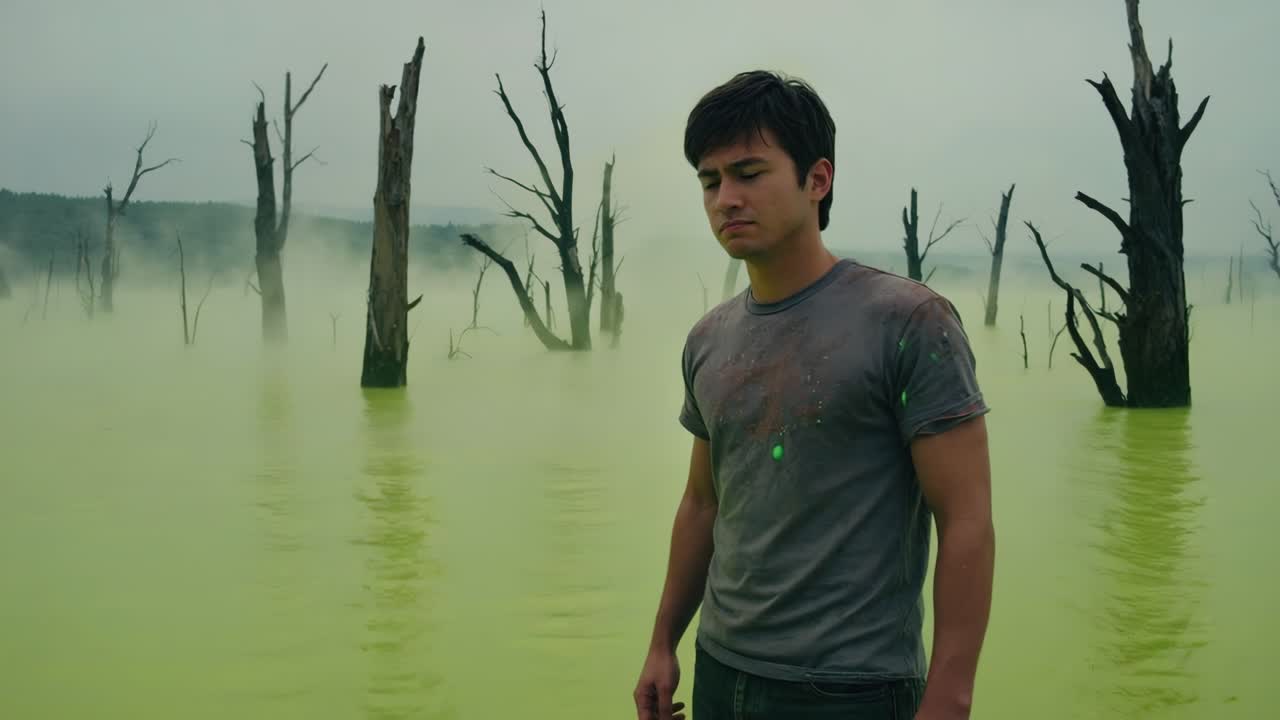 Man in a toxic lake with dead trees