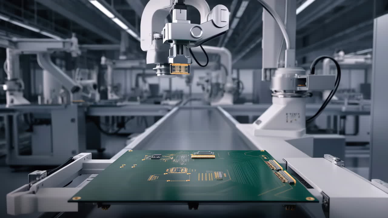Robotic Arm Assembling Circuit Board in Automated Electronics Manufacturing Factory