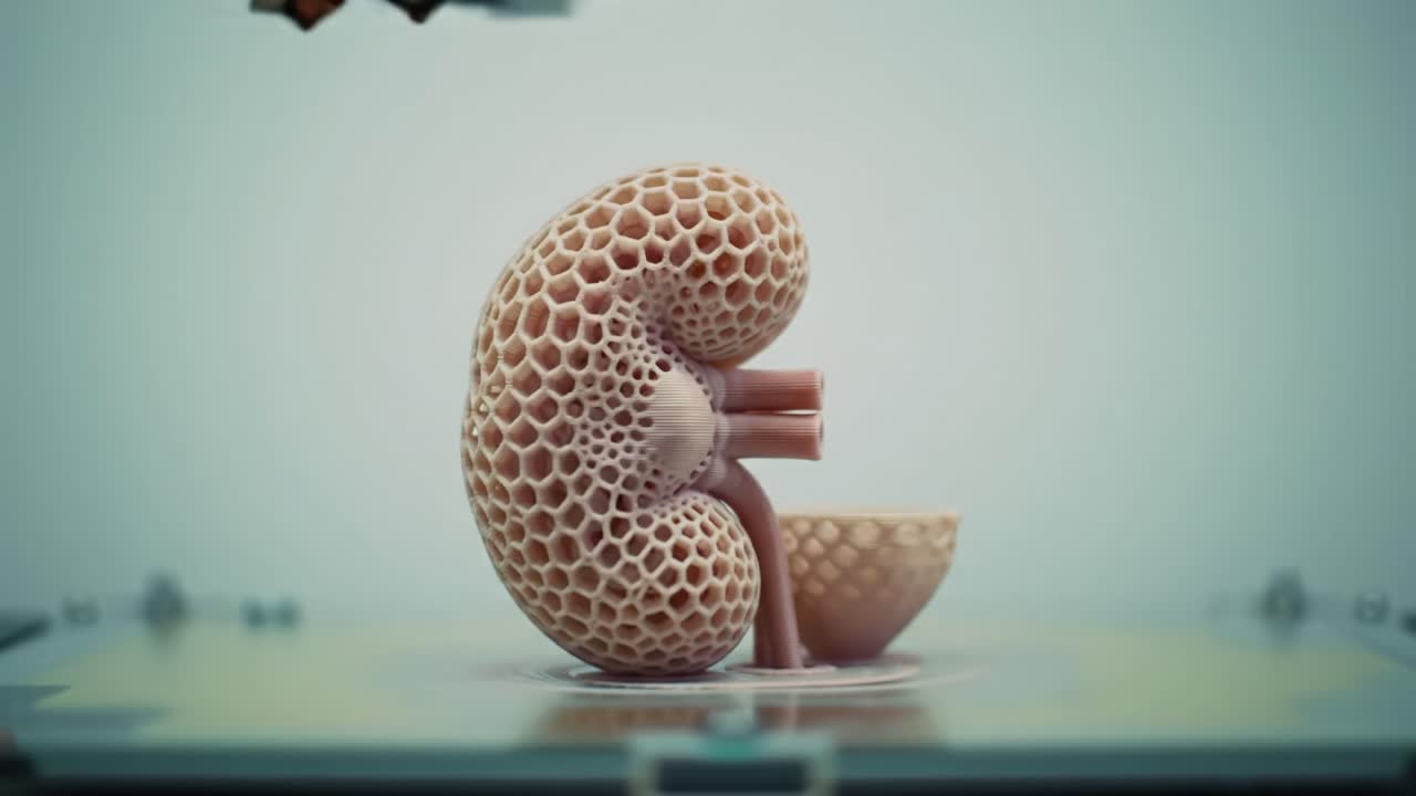 Innovative 3D Printing Process Showcasing a Detailed Kidney Structure with Unique Honeycomb Design, Captured at Different Stages of Fabrication