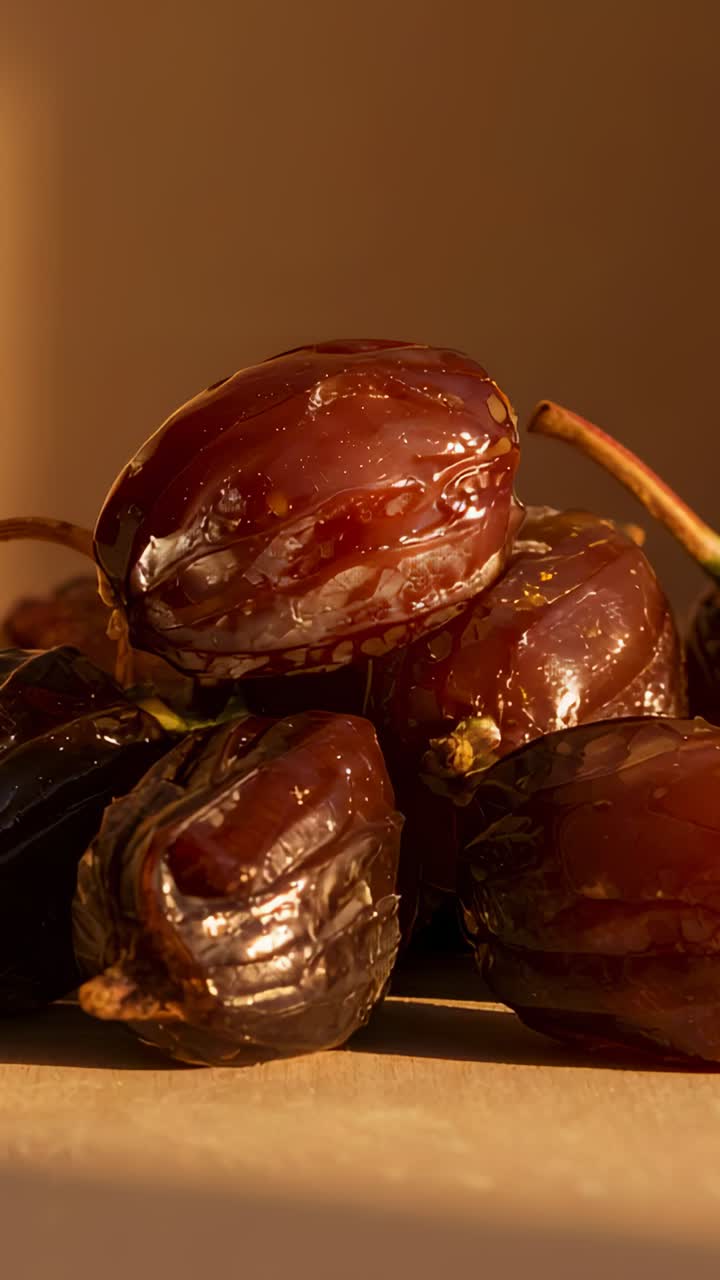Vertical video: Pushing in, camera revealing sticky sheen and wrinkles on dates on wood table