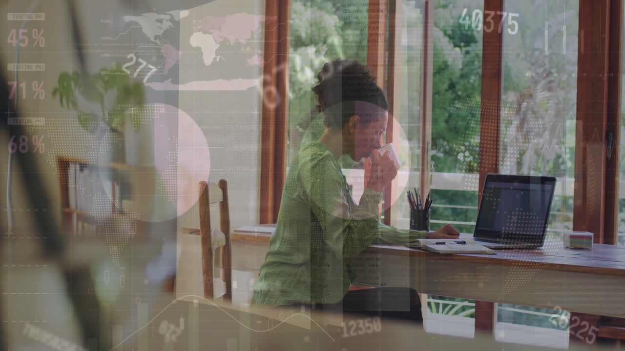 Animation of data processing over biracial woman using laptop