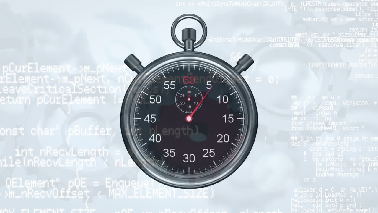 animación del temporizador sobre el procesamiento de datos y las ruedas dentadas sobre fondo blanco