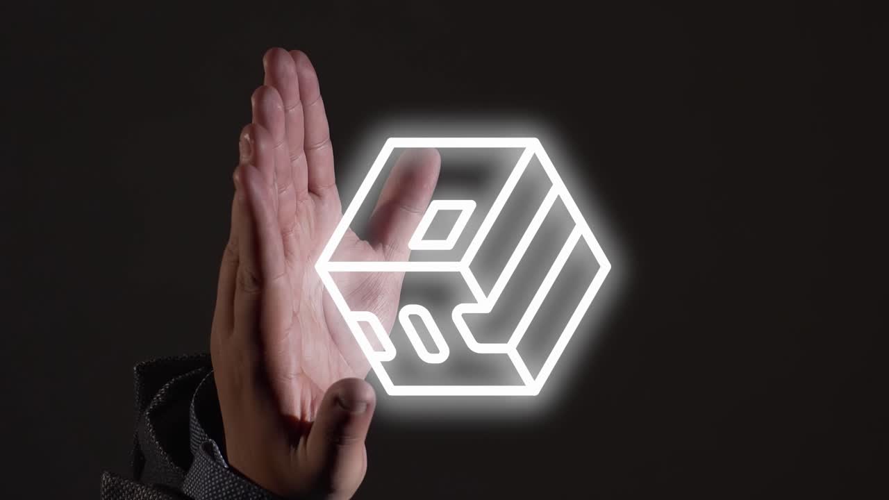 선명하게 보기: 인간의 손을 보여주는 세로 비디오에서 공개된 가상 흰색 네트워크 기호